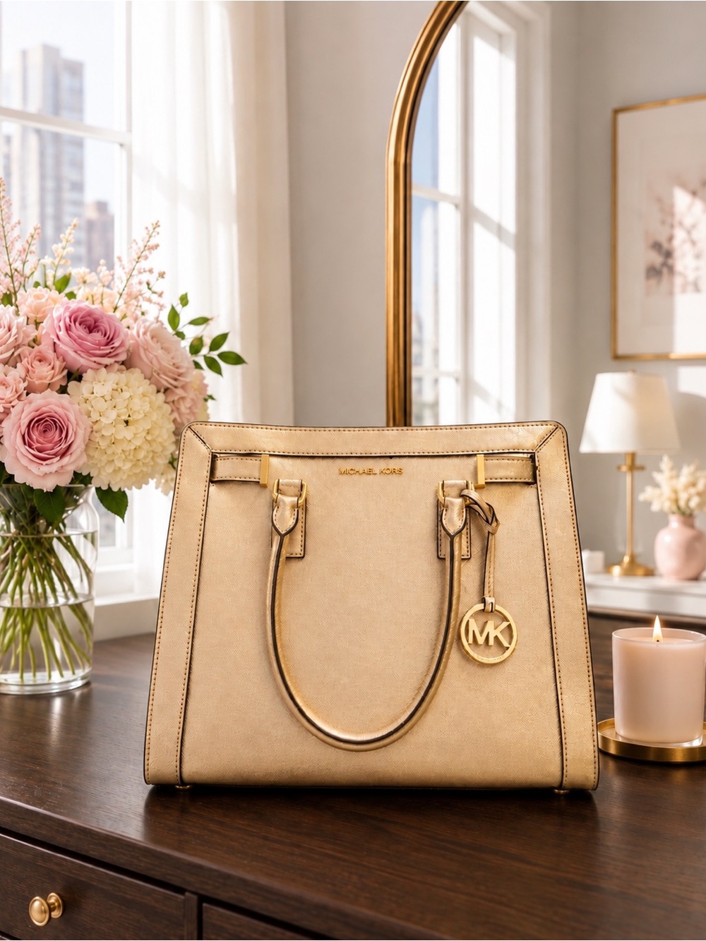 NWOT Michael Kors Dillon Large Top Zip Satchel | Pale Gold Saffiano Leather